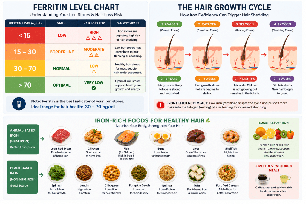 Iron Deficiency and Hair Loss: Ferritin Levels, Hair Growth Cycle & Best Iron-Rich Foods