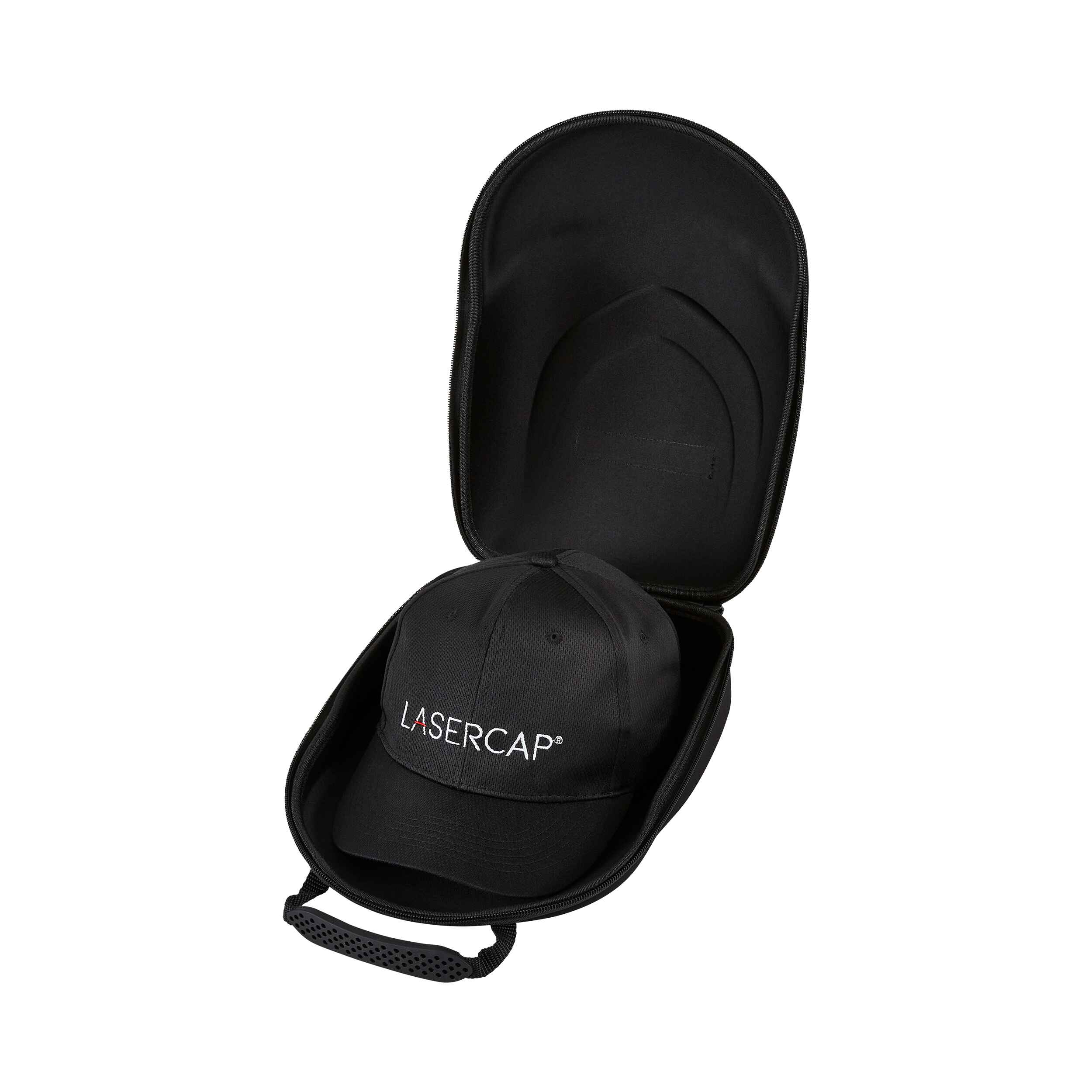 LaserCap black foam carrying case open with cap inside