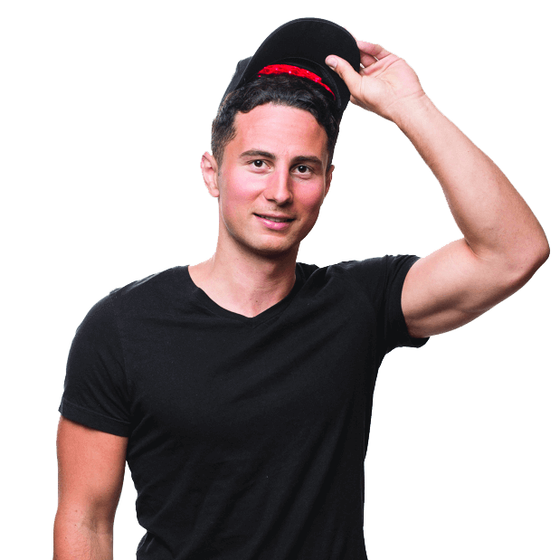 A man wearing black t-shirt and lasercap on his head